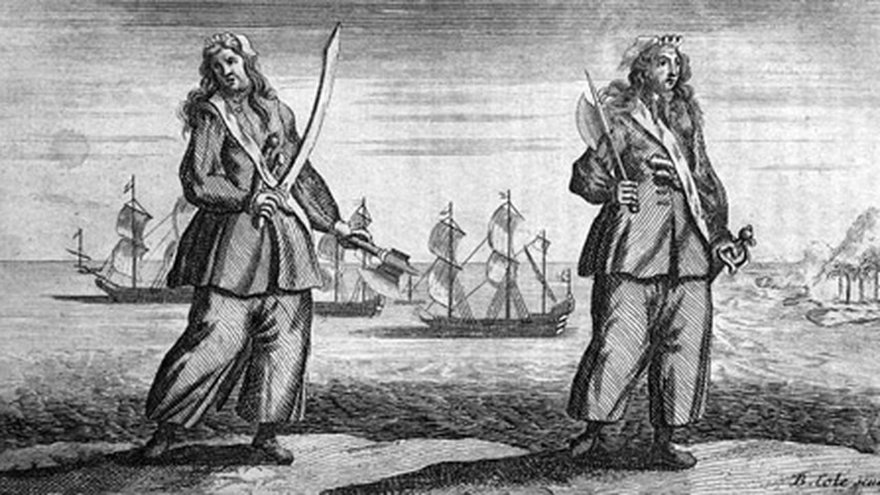 An artistic depiction of Anne Bonny and Mary Read, two fierce female pirates, brandishing cutlasses during a ship battle.