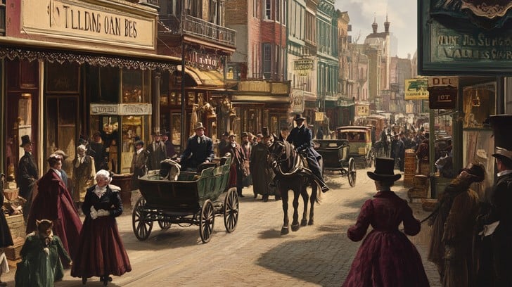 A bustling street scene from Victorian London, symbolizing the heart of the industrial British Empire at its zenith.