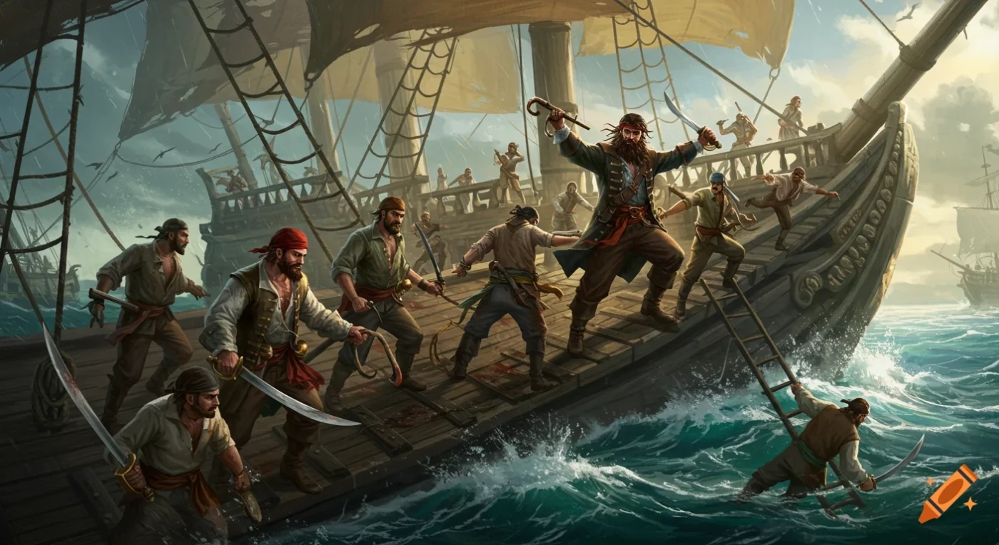 A depiction of a crowded, weathered pirate ship deck with sailors engaged in daily tasks, showing the harsh realities of life at sea.