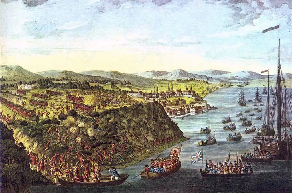 A detailed historical painting depicting the Battle of the Plains of Abraham, with Montcalm and Wolfe in prominent positions.