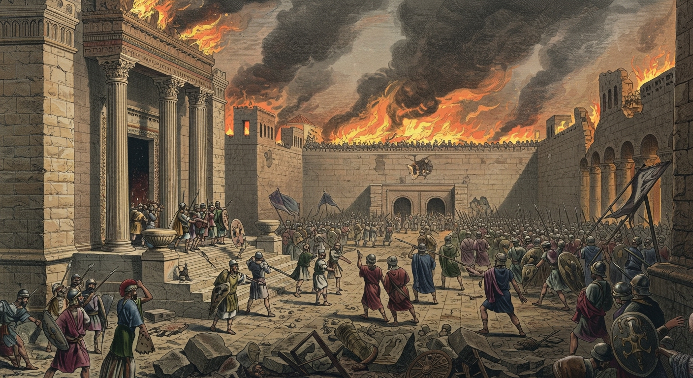 A detailed illustration depicting the destruction of the First Temple in Jerusalem by the Babylonians in 586 BCE, showing flames, crumbling walls, and Babylonian soldiers.