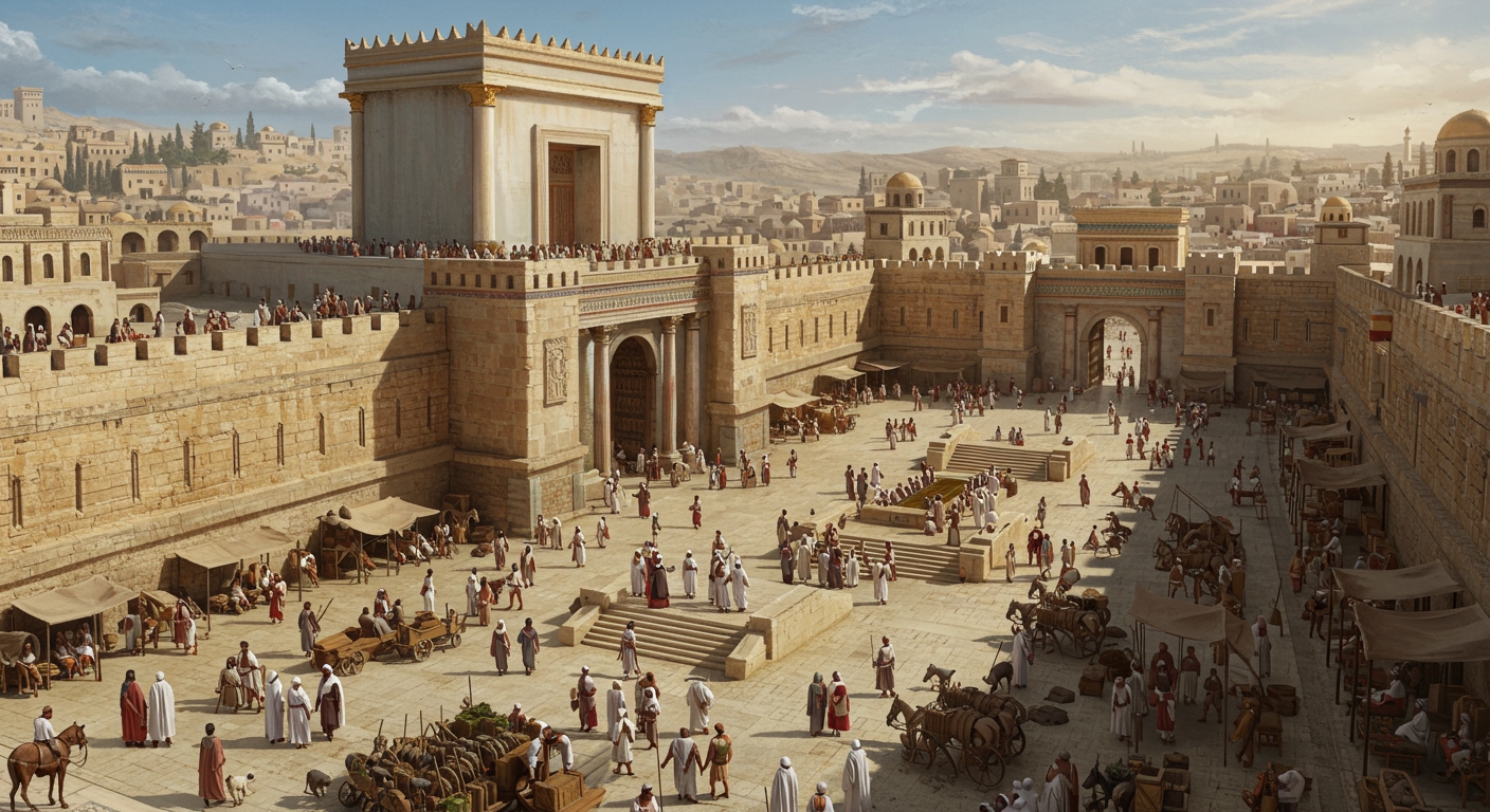 A grand architectural rendering of Herod the Great's expanded Second Temple in Jerusalem, showing its massive retaining walls, courtyards, and ornate gates, bustling with people.