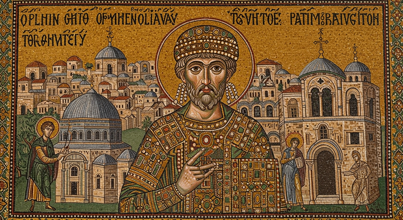 A mosaic depicting Byzantine Emperor Justinian I, symbolizing the flourishing of Christian Jerusalem during his reign, possibly with an architectural element from the city.