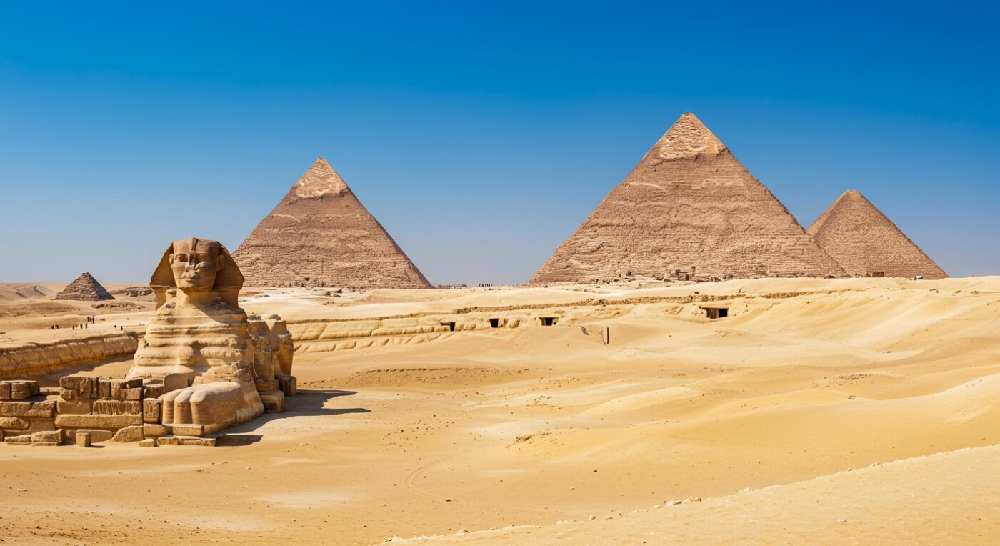 A panoramic view of the Giza pyramid complex with the Sphinx, under a clear blue sky, symbolizing Ancient Egypt's architectural grandeur
