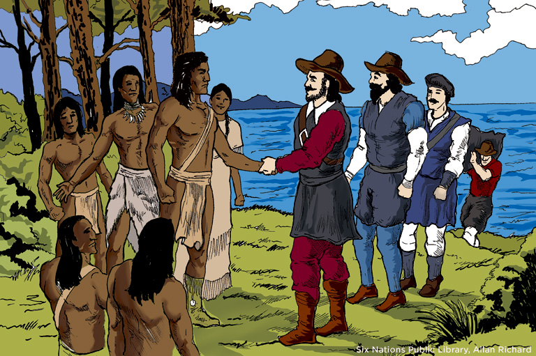 A symbolic image showing two hands, one Indigenous and one non-Indigenous, clasping in a gesture of reconciliation, with a subtle background of Canadian landscapes.