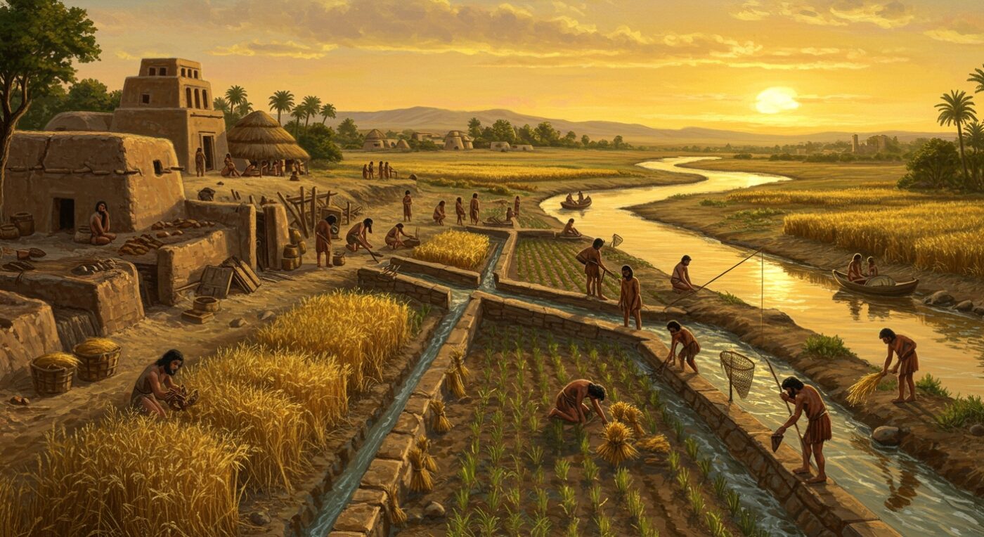 An artistic depiction of early human settlements near a river, with people engaged in primitive agriculture and irrigation in the Fertile Crescent