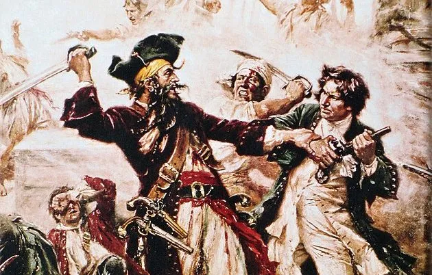 An artistic rendering of the infamous pirate Blackbeard, showing his intimidating beard and fiery presence.