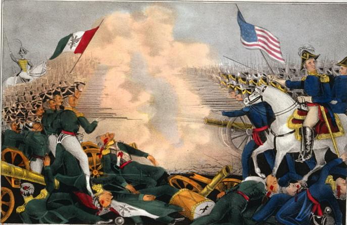 Soldiers in a historical battle scene, representing the Mexican-American War