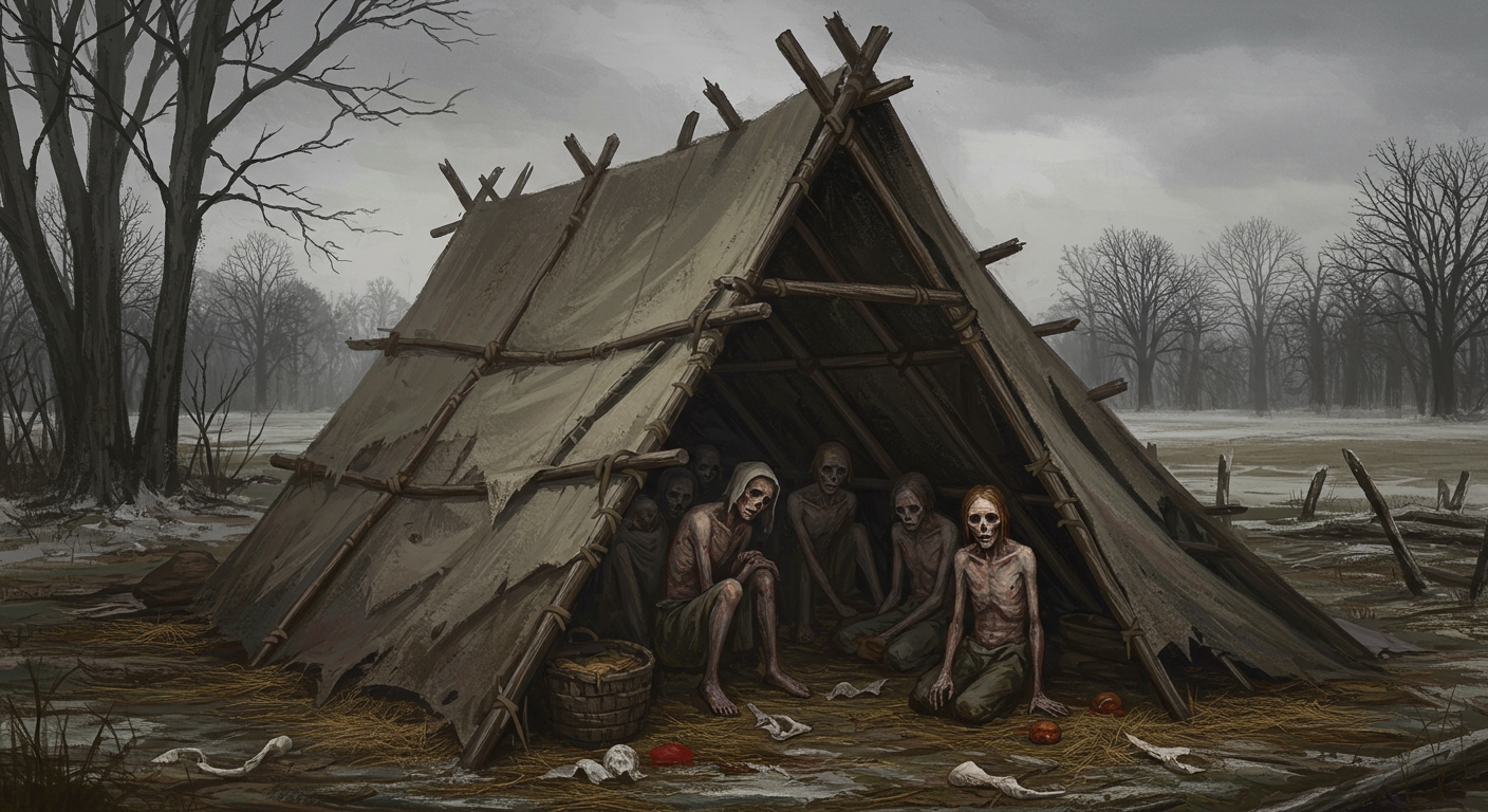 A somber depiction of the 'Starving Time' in Jamestown, showing gaunt colonists huddled together in a poorly constructed shelter, with barren trees outside and a sense of desperation.