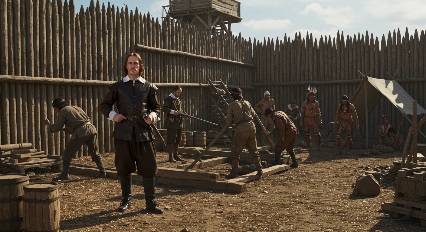 Captain John Smith, looking stern and determined, overseeing colonists engaged in manual labor within the Jamestown fort, with Native American traders in the background.