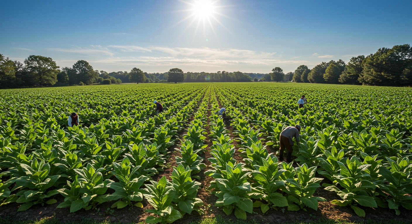 Lush green tobacco fields stretching into the distance under a bright sun, with a few colonial figures tending to the plants in early 17th-century Virginia.
