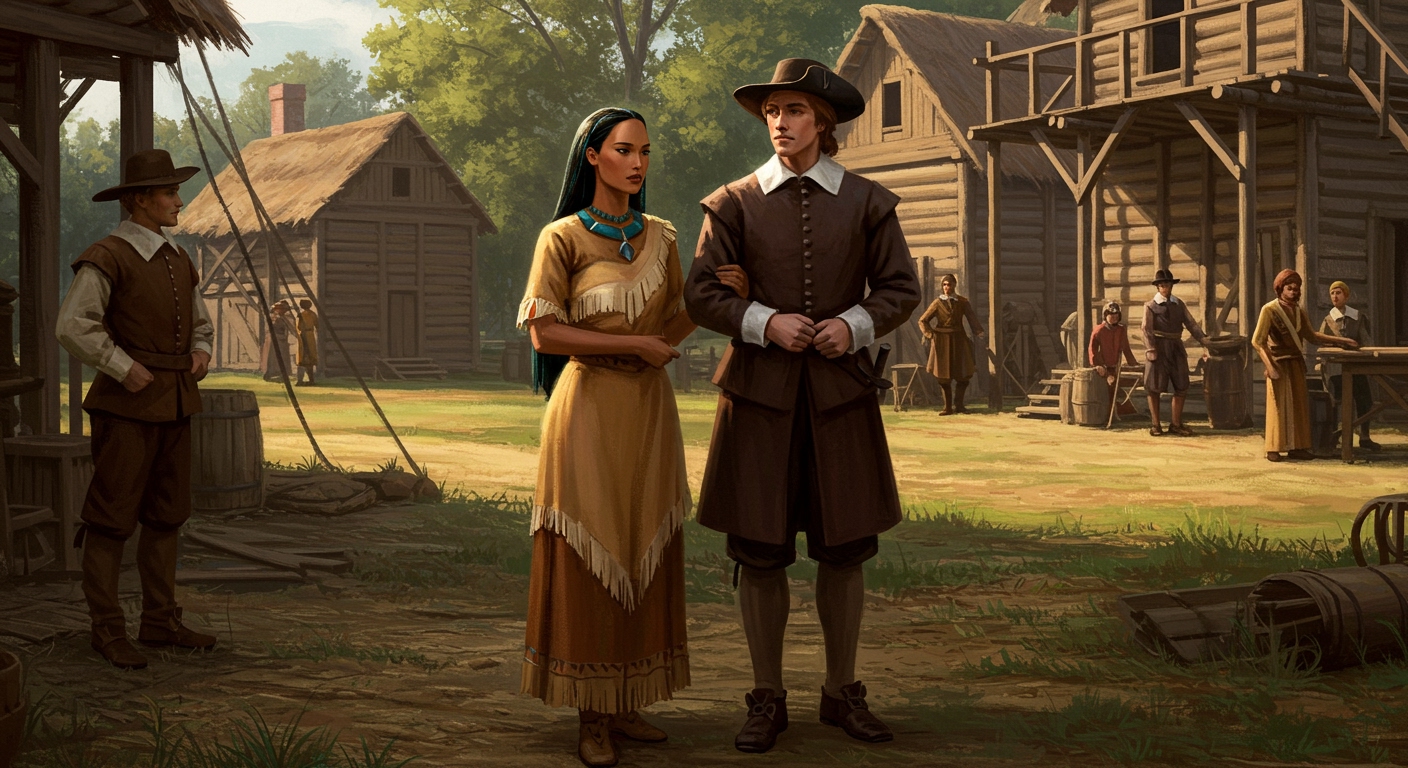 Pocahontas, in traditional Powhatan attire, standing respectfully next to John Rolfe, dressed in colonial clothing, against a backdrop of the Jamestown settlement.