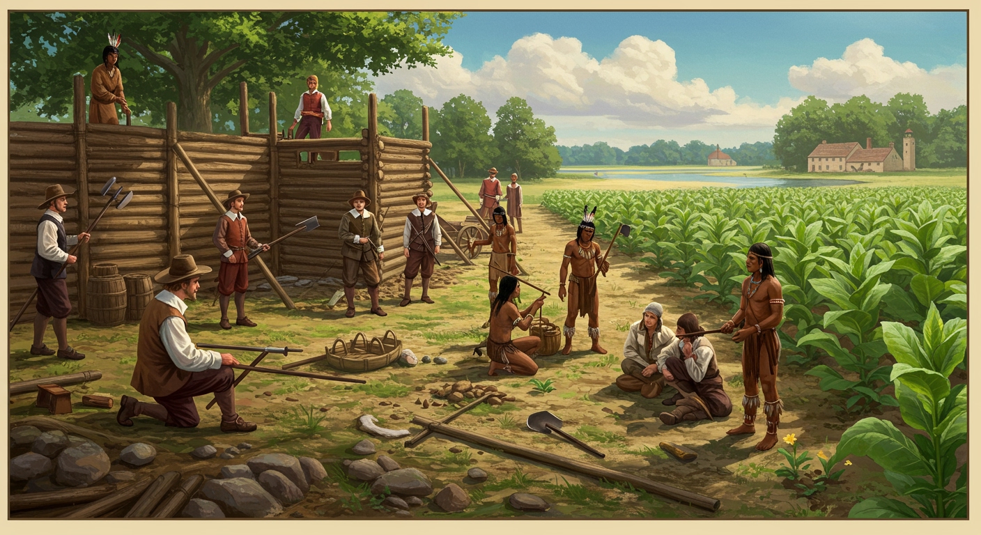 A modern historical illustration depicting the diverse elements of Jamestown's survival: English colonists building, Native Americans trading, and tobacco plants growing, all symbolizing the complex interplay of factors.
