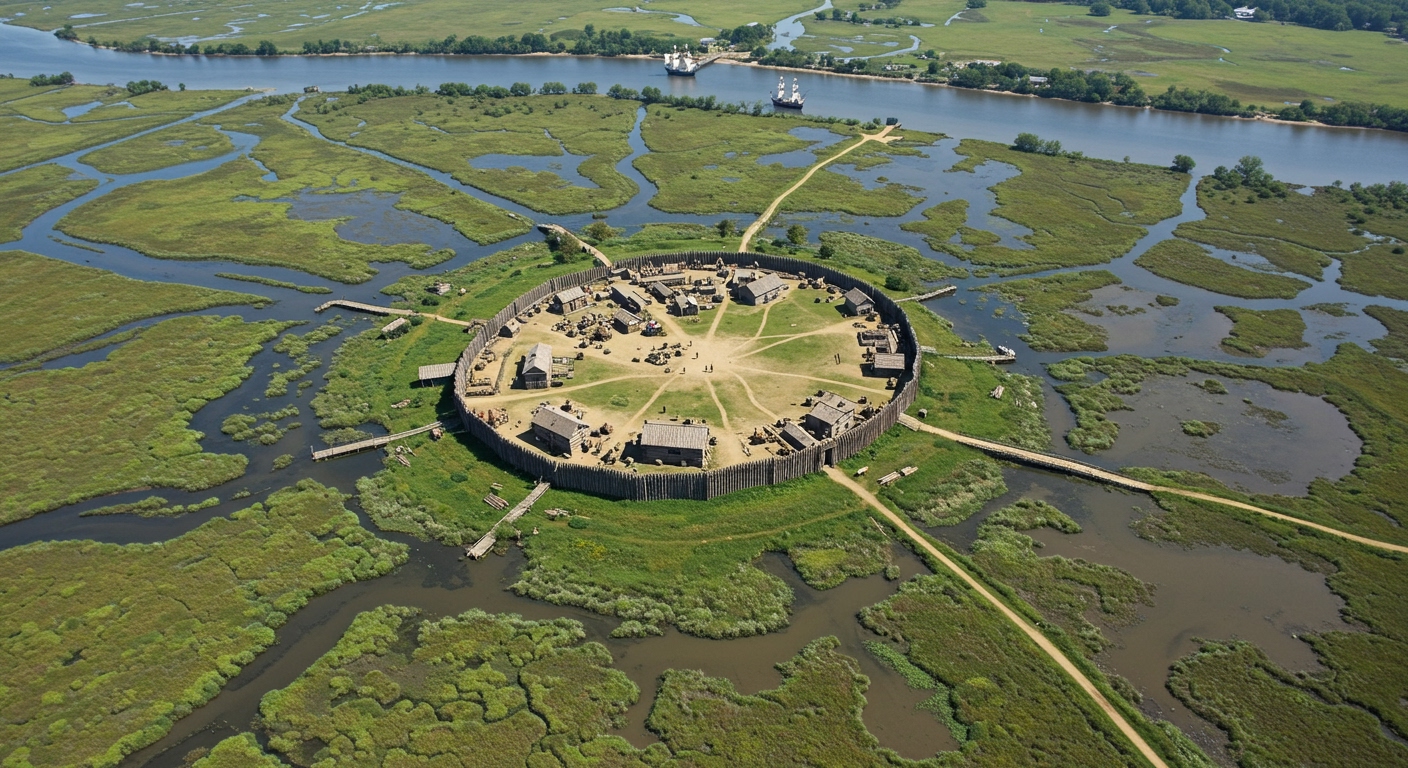 An aerial view of the early Jamestown settlement, showing rudimentary wooden buildings, a palisade, and the surrounding marshy landscape, with a ship anchored in the James River.