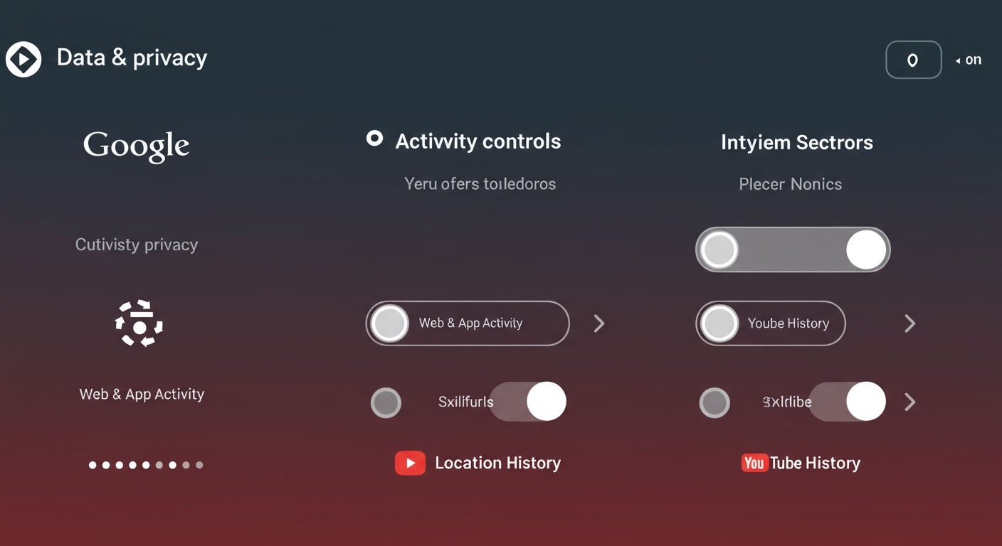 A screenshot or stylized graphic showing the Google Account 'Data & privacy' section with 'Activity controls' highlighted, specifically showing Web & App Activity, Location History, and YouTube History with toggle switches or settings icons.