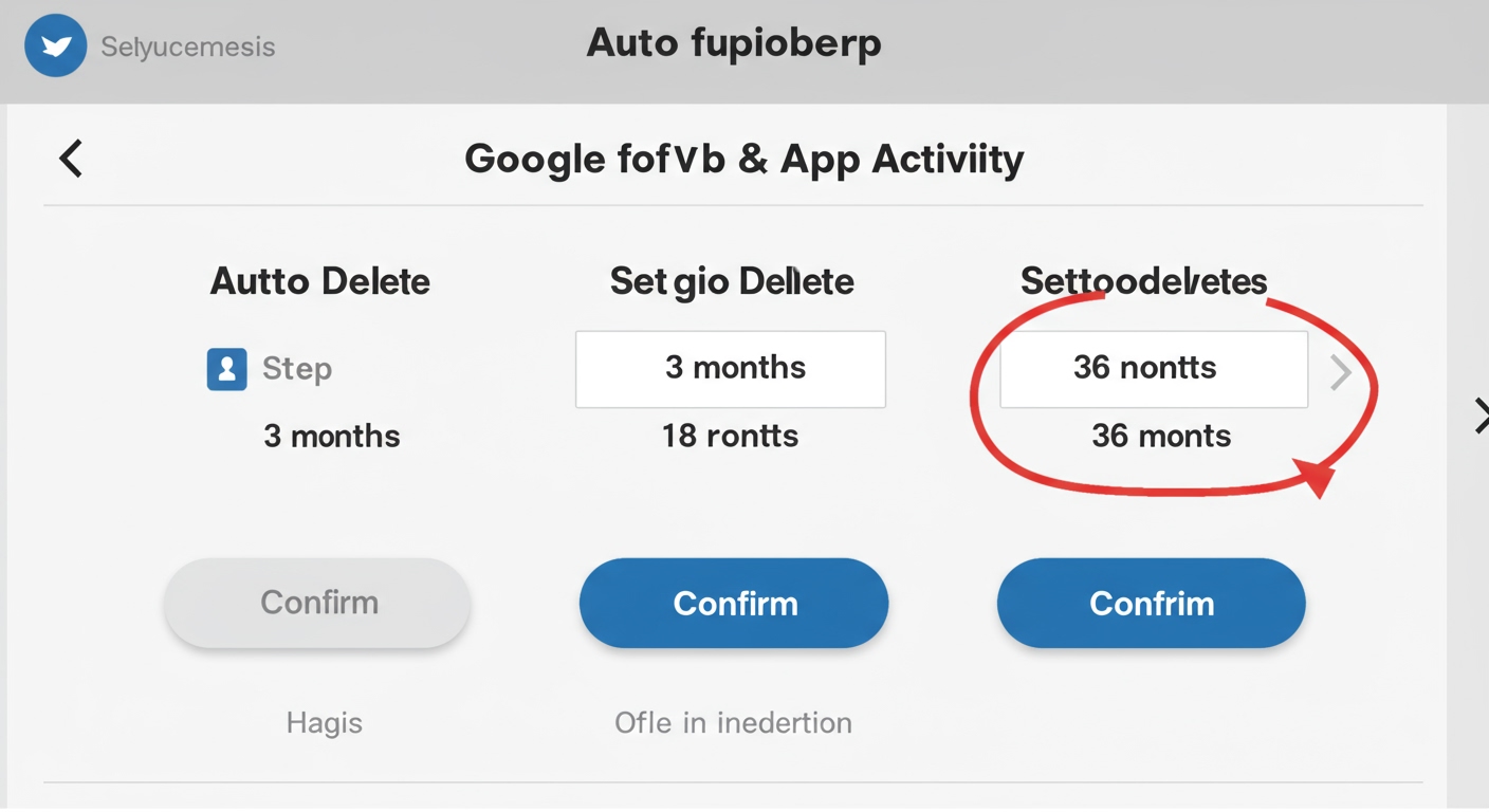 A step-by-step visual representation of setting up auto-delete for Google Web & App Activity, showing options for 3, 18, or 36 months with a clear 'Confirm' button.