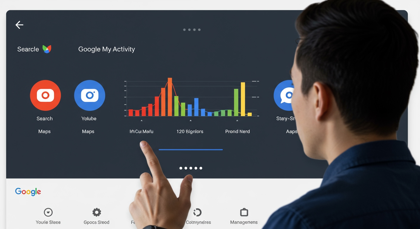 A user looking at a dashboard with various Google service icons (Search, YouTube, Maps) and data points, representing Google My Activity. The design should be clean and intuitive, highlighting data management.
