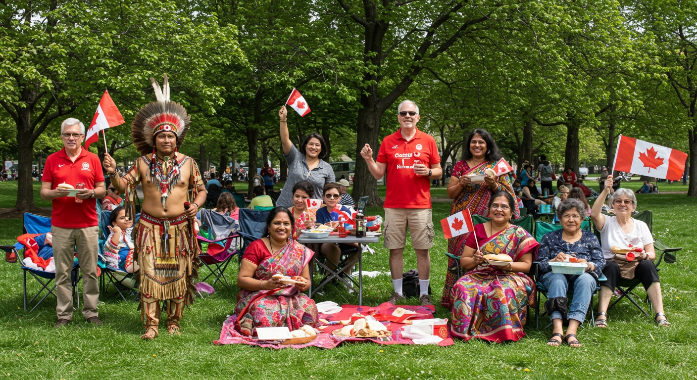 A diverse group of people celebrating Canada Day, representing the country's multicultural identity.