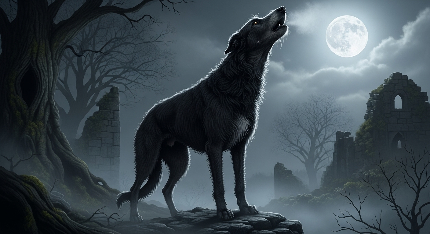 Ancient Omens: The Howling Dog A powerful black dog howling under a full moon, embodying ancient folklore of a death omen or spiritual guardian.