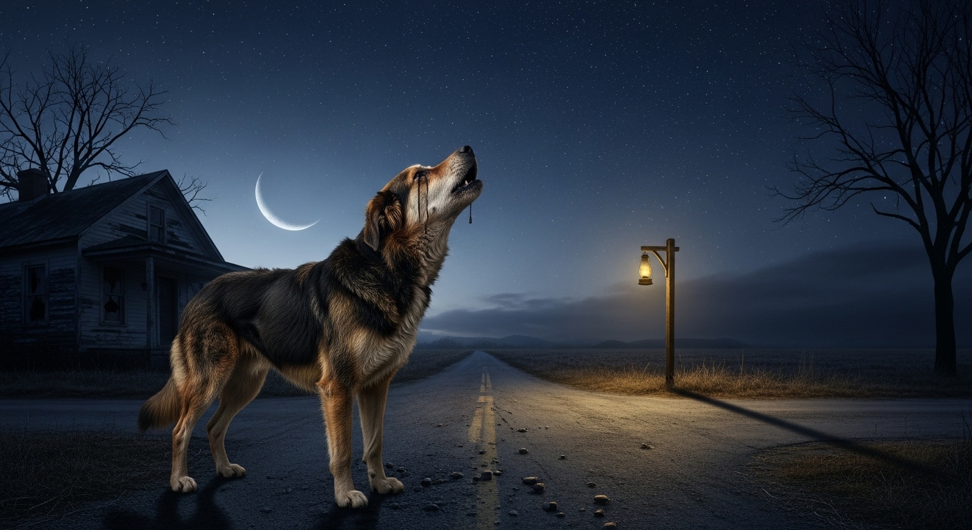 Superstitions of Canine Omens A dog howling at night, evoking the superstition of a death omen and its connection to the spiritual realm.