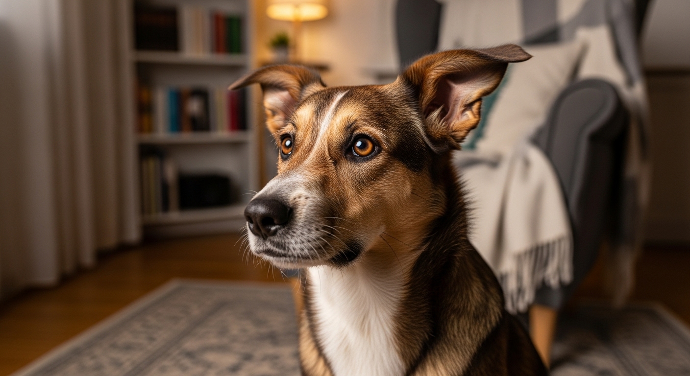 Dogs as Spiritual Protectors An alert dog in a home, representing its role as a spiritual guardian sensing unseen energies or offering protection.