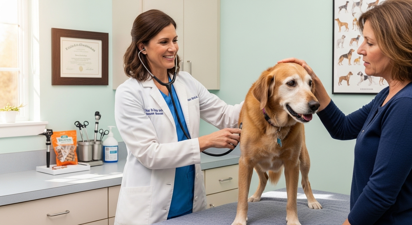 Veterinary Check for Canine Barking A veterinarian checking an older dog, highlighting the importance of professional medical advice for unexplained barking.