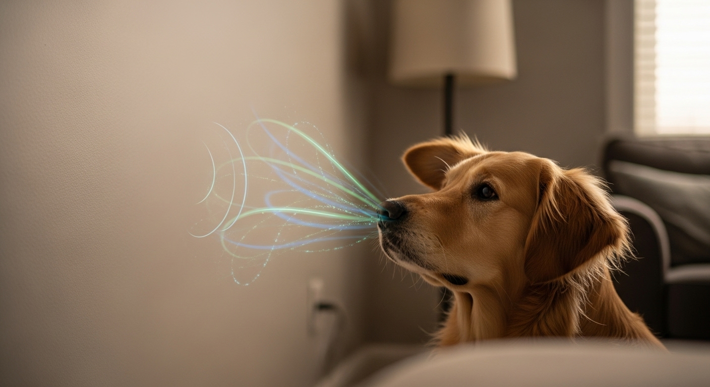 Dog's Acute Senses Detect Invisible Triggers A dog with perked ears barking at an empty wall, subtly showing its acute senses detecting something unseen by humans.