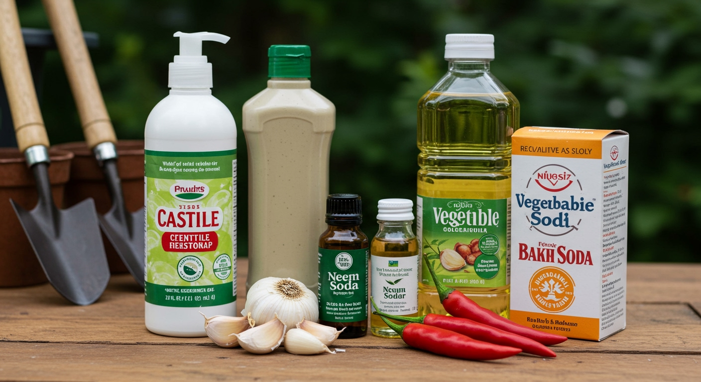 An aesthetically pleasing flat lay of various natural ingredients on a wooden table: a bottle of Castile soap, garlic bulbs, a small bottle of neem oil, fresh chili peppers, a bottle of vegetable oil, and a box of baking soda, arranged with garden tools in the background.