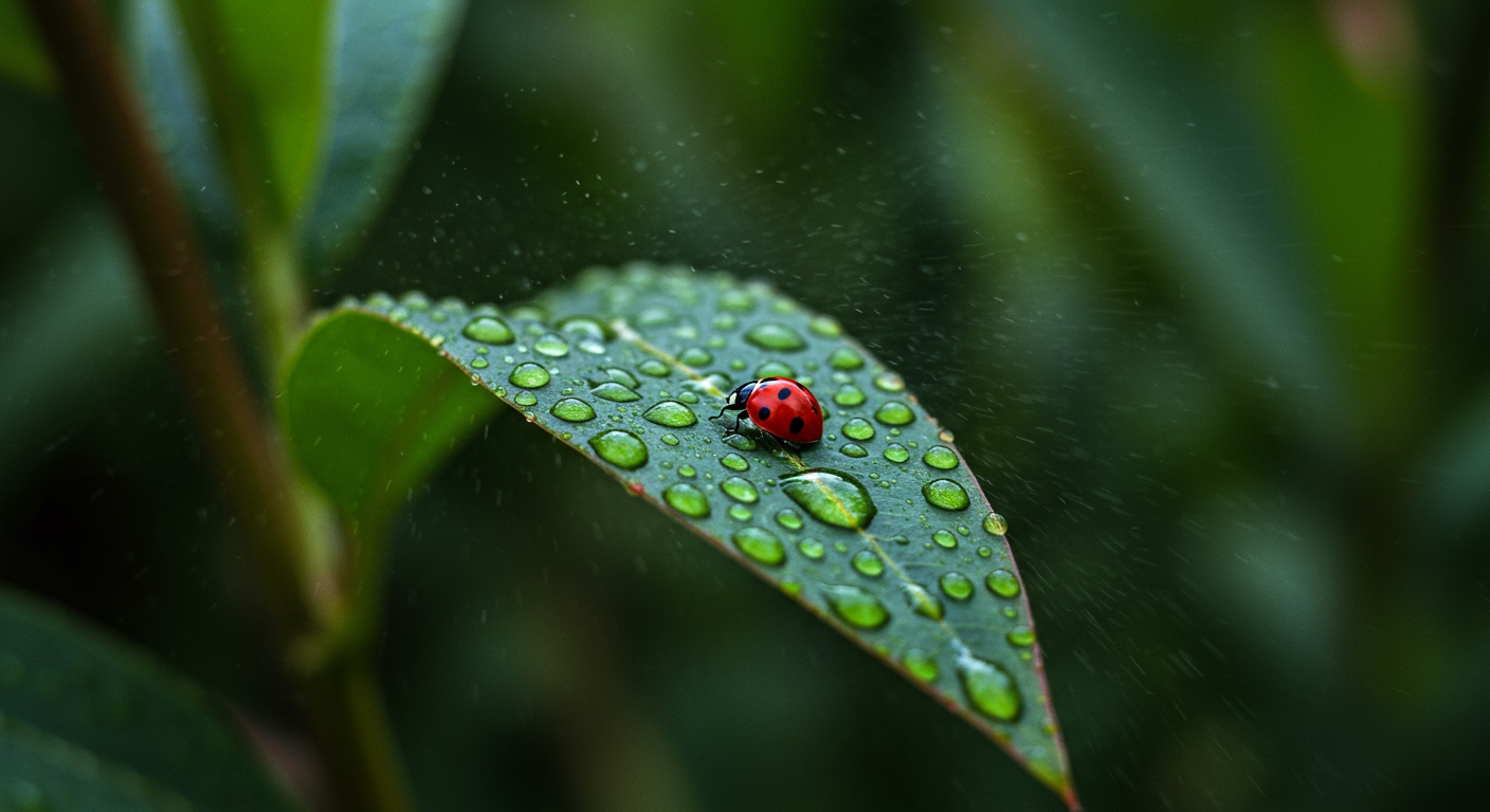 A vibrant, close-up shot of a garden plant's leaf covered in a fine mist of water droplets, with a small ladybug perched on the leaf, illustrating a healthy, pest-free environment. The background is a soft-focus garden scene.