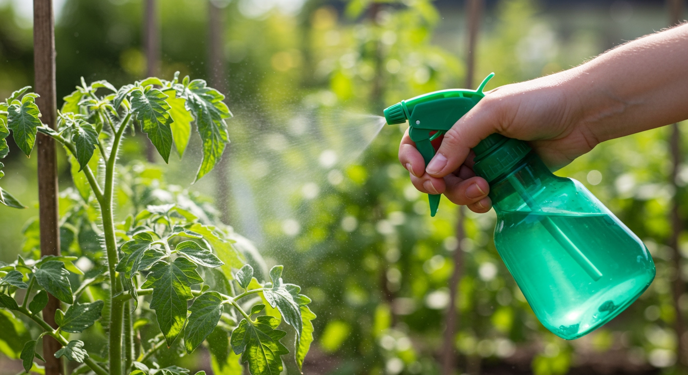 A close-up, high-angle shot of a hand gently spraying a homemade organic pesticide onto the leaves of a thriving tomato plant, with a blurred background of a sunny garden. The spray bottle is simple and clearly homemade.