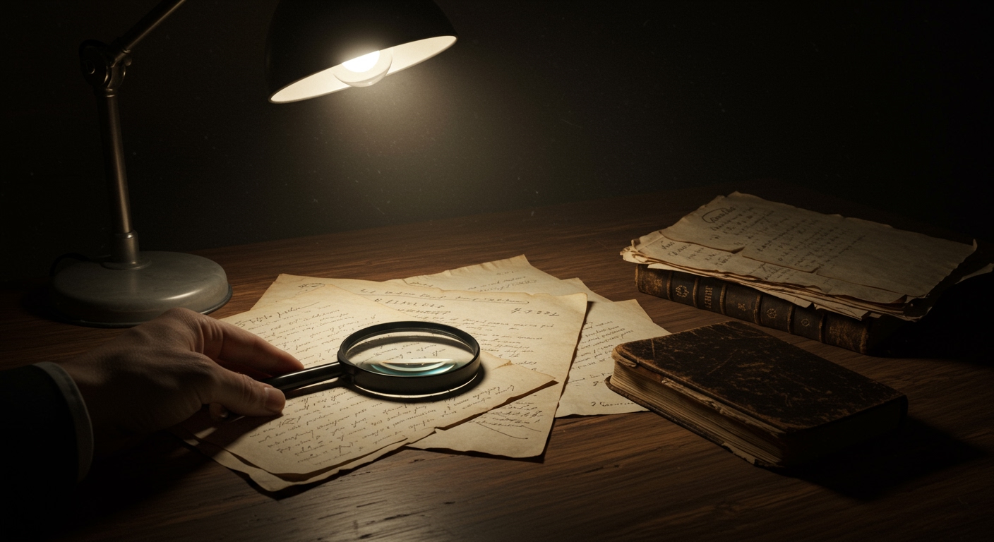 A stark, investigative scene with old documents, a magnifying glass, and a thoughtful hand, representing the journalistic pursuit of truth in a historical mystery. Style: Realistic, documentary feel.