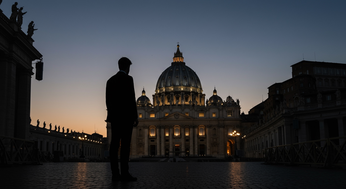 A silhouette of a lone figure standing before the illuminated dome of St. Peter's Basilica at dusk, conveying a sense of unresolved mystery and contemplation. Style: Atmospheric, contemplative, slightly melancholic.