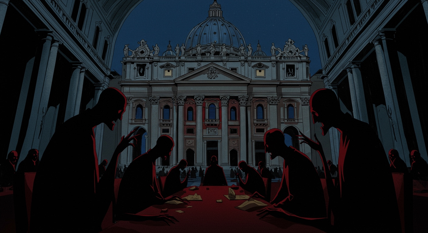 A dramatic, stylized illustration depicting the Vatican Bank building with shadowy figures in the foreground, suggesting corruption and hidden dealings. Style: Graphic novel, noir.