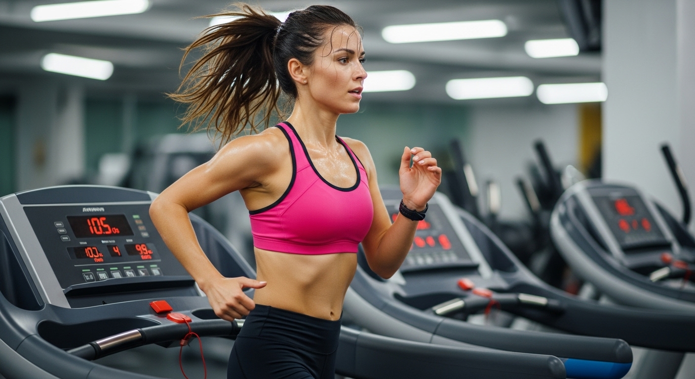 A woman running on a treadmill, depicting a typical cardiovascular exercise for calorie burning