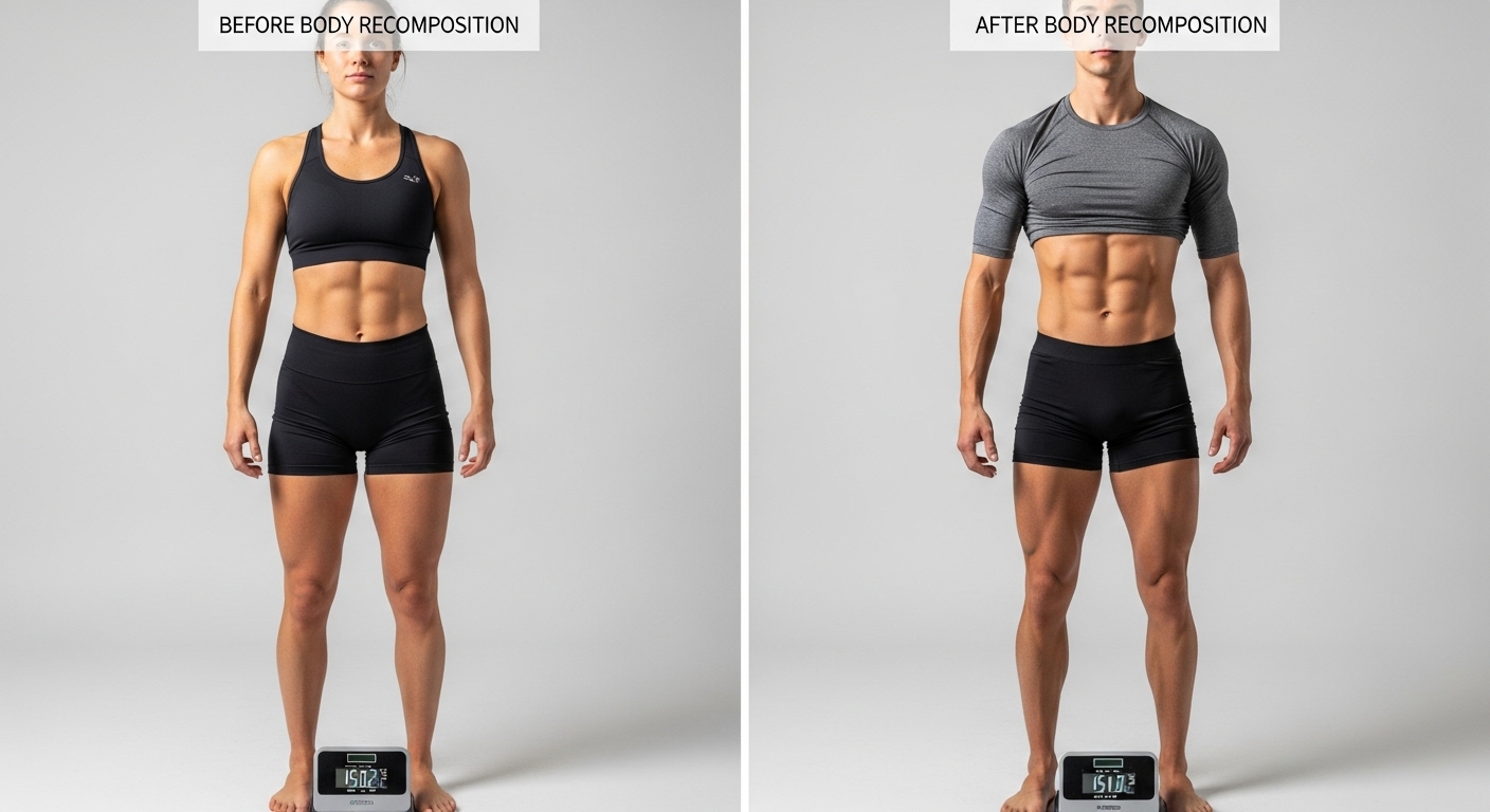 A collage showing before and after body recomposition, highlighting muscle gain and fat loss without significant weight change