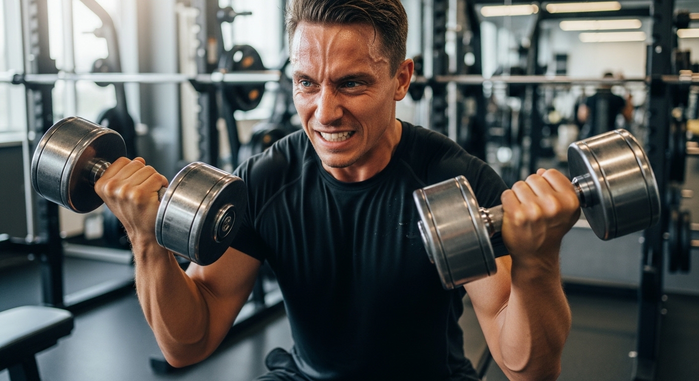 A person lifting dumbbells during a strength training session, demonstrating muscular effort and focus