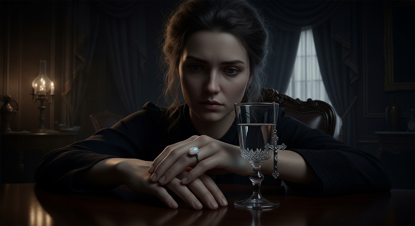 The Opal's Fictional Curse Gothic scene depicting a woman with a dull opal, illustrating the origin of opal bad luck from Sir Walter Scott's novel.