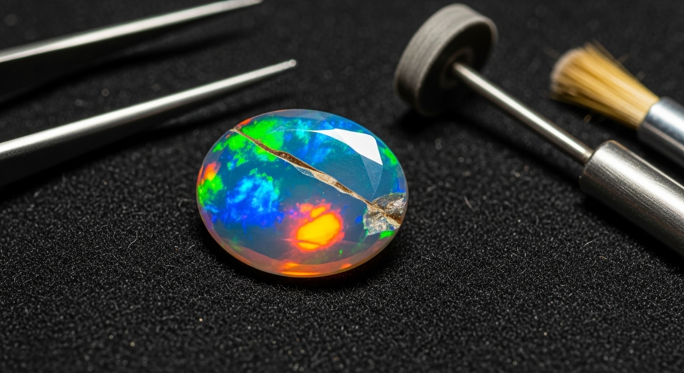 Opal Durability and Care Close-up of a cracked opal, illustrating the physical properties and care requirements that often led to misconceptions about opal bad luck.