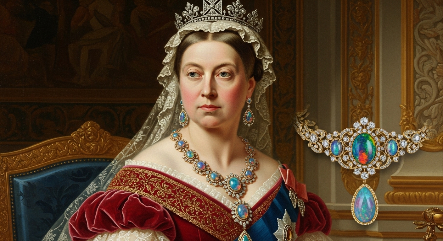 Queen Victoria's Opals: Royal Revival Queen Victoria wearing opulent opal jewelry, symbolizing the gemstone's revival and debunking the myth that opals are considered bad luck.