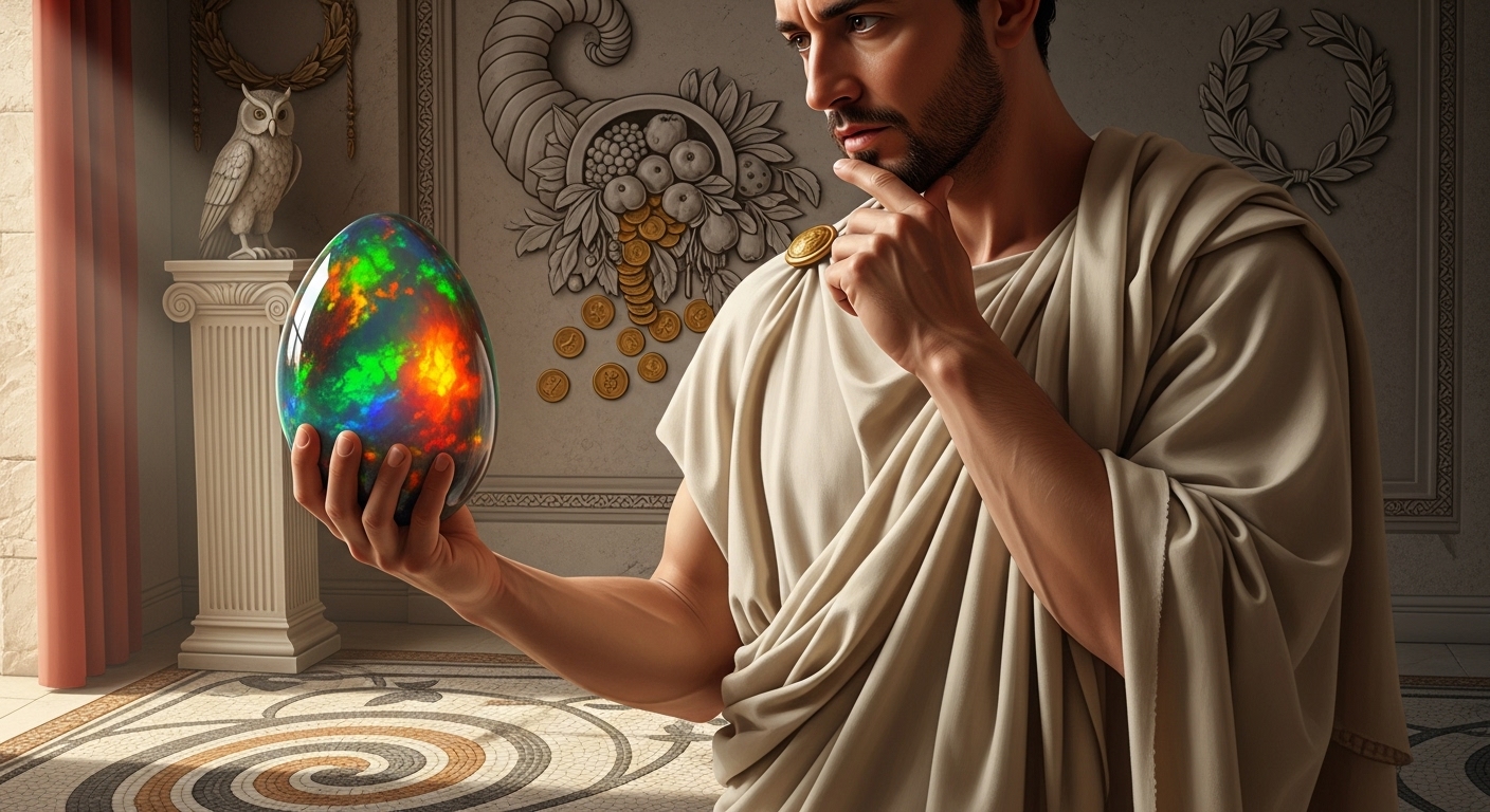 Opal: Ancient Symbol of Hope and Power Ancient person admiring an opal, symbolizing early beliefs in opal's good fortune and prophetic powers, before the bad luck myths.