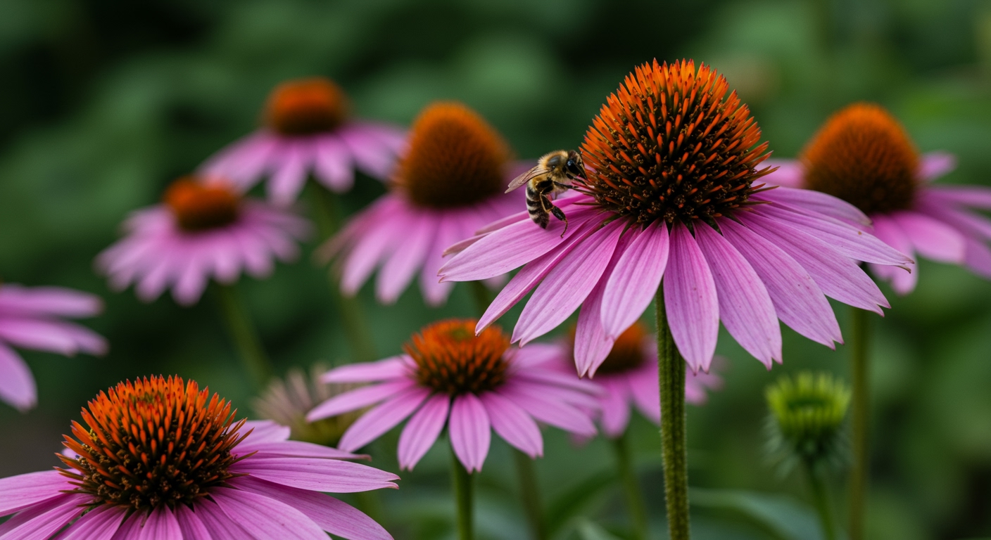 A close-up shot of a cluster of purple Echinacea flowers with prominent spiky centers, buzzing with a bee, set against a blurred green garden background.