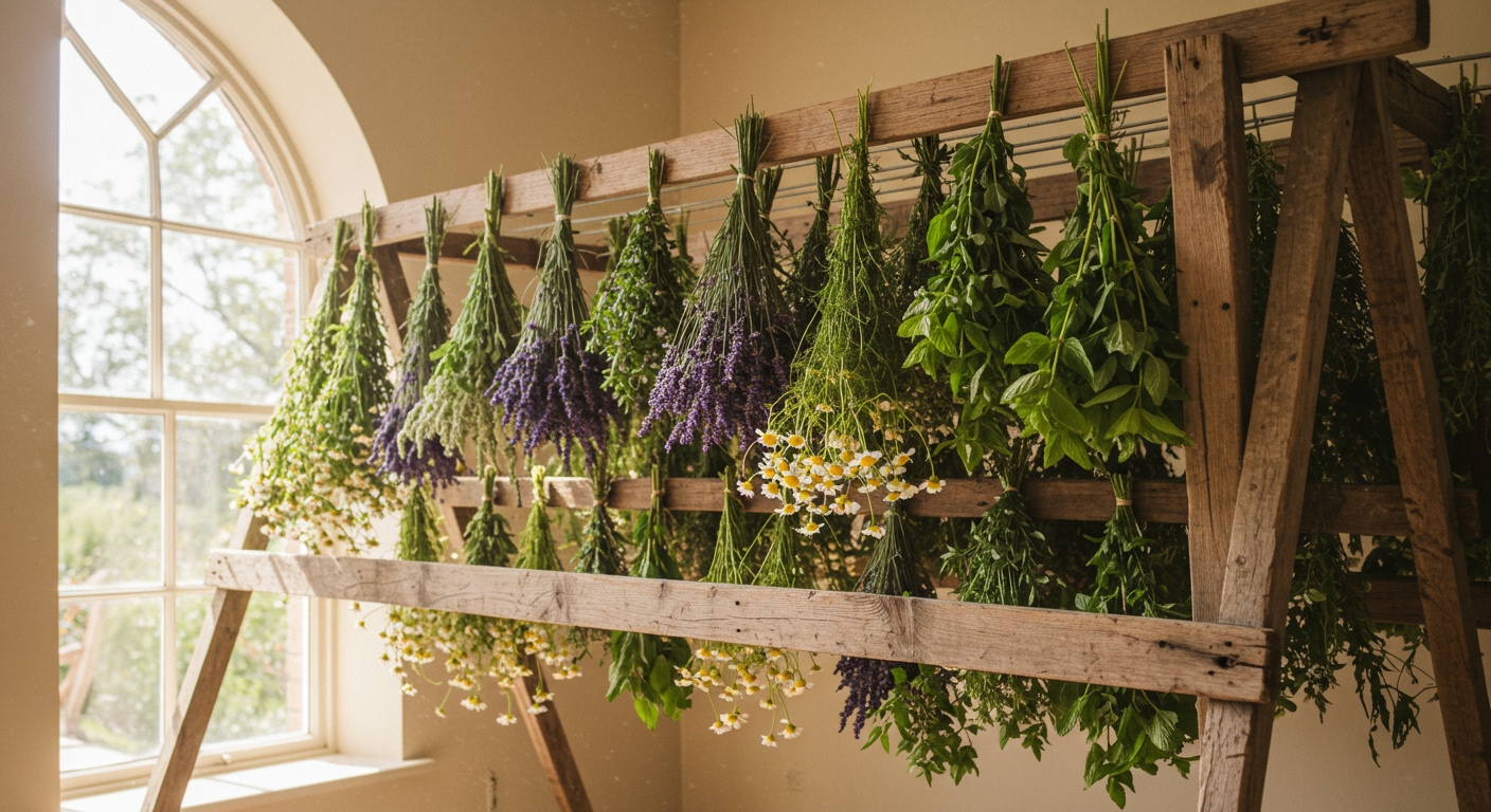 A rustic wooden drying rack filled with various freshly harvested herbs like lavender, chamomile, and mint, hanging upside down in a sunlit, airy room.