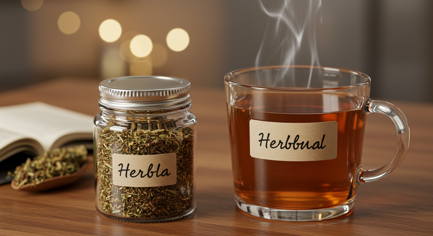 A cozy scene with a steaming cup of herbal tea next to a small glass jar of dried herbs and a handwritten label, on a wooden table with soft lighting.