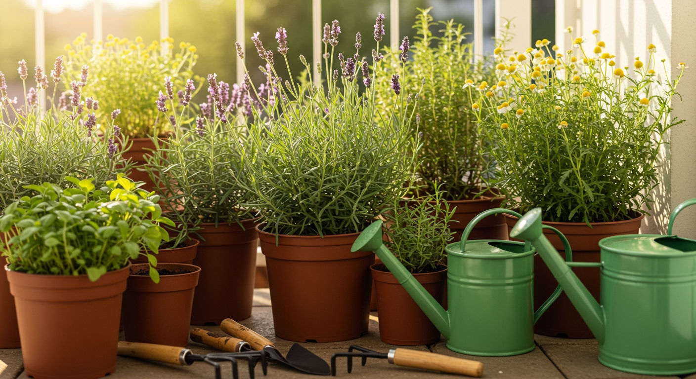 A diverse collection of potted medicinal herbs thriving on a sunny balcony, with gardening tools neatly arranged beside them, suggesting a successful small-space healing garden.