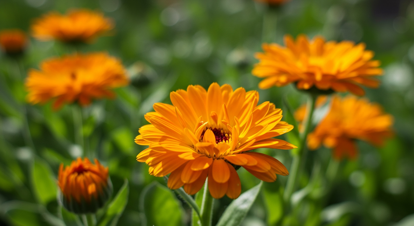 A vibrant, close-up photo of a healthy Calendula plant with bright orange and yellow flowers in a sunny garden, with other green herbs slightly blurred in the background.