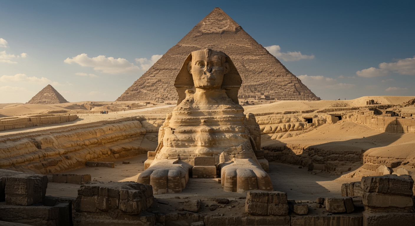 The iconic Great Sphinx of Giza with the Great Pyramid in the background, showing erosion patterns
